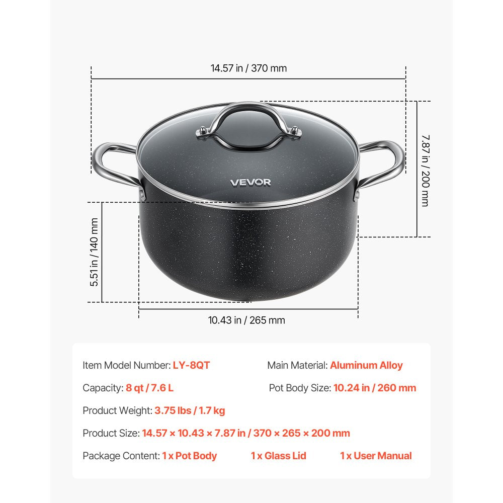 VEVOR Aluminum Stock Pot, 8-Quart Nonstick Ceramic Coated Pot with Glass Lid, PFOA-Free, PFAS-Free, Compatible with Gas Stoves, Induction Cooktops, Electric Stoves, for Soups, Stews, and Pasta