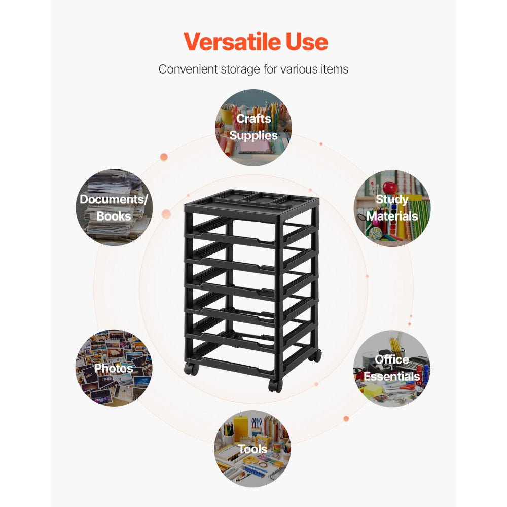 VEVOR Scrapbook Rolling Storage Cart, 6-Tier Large Capacity with Organizer Top, Black Frame with 4 Removable Wheels, PP Material Cart Only, Rolling Craft Storage for Office Arts and Crafts Supplies