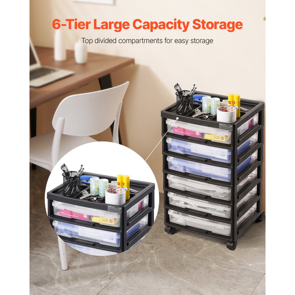 VEVOR Scrapbook Rolling Storage Cart, 6-Tier Large Capacity with Organizer Top, Black Frame with 6 Clear Cases and 4 Removable Wheels, Storage Organizer Rolling Cart for Arts and Crafts Supplies