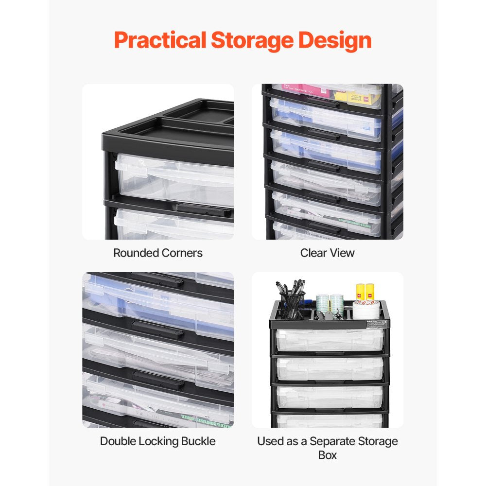 VEVOR Scrapbook Rolling Storage Cart, 6-Tier Large Capacity with Organizer Top, Black Frame with 6 Clear Cases and 4 Removable Wheels, Storage Organizer Rolling Cart for Arts and Crafts Supplies