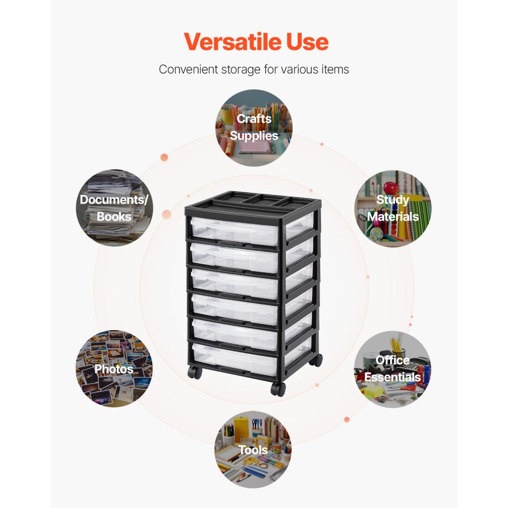 VEVOR Scrapbook Rolling Storage Cart, 6-Tier Large Capacity with Organizer Top, Black Frame with 6 Clear Cases and 4 Removable Wheels, Storage Organizer Rolling Cart for Arts and Crafts Supplies