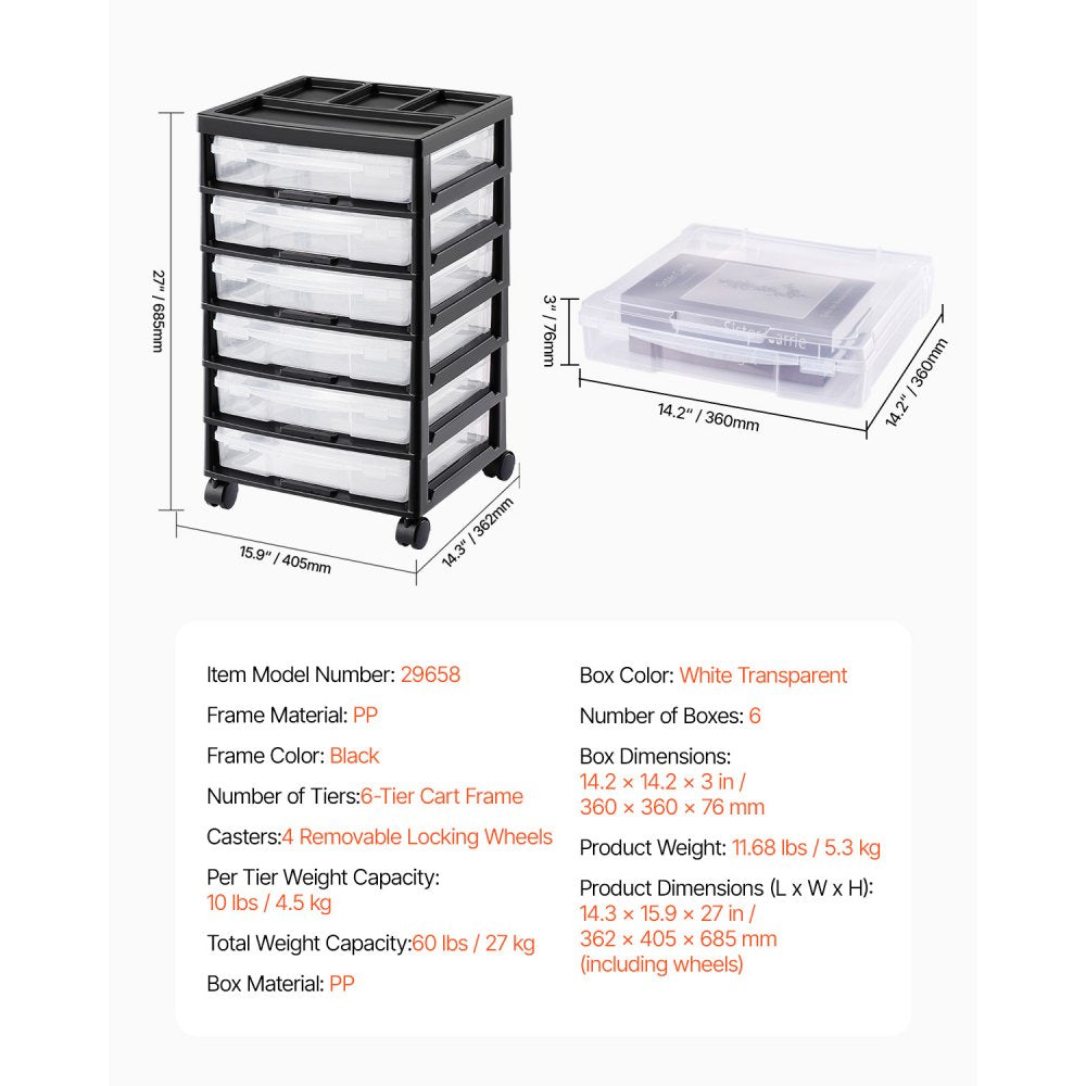 VEVOR Scrapbook Rolling Storage Cart, 6-Tier Large Capacity with Organizer Top, Black Frame with 6 Clear Cases and 4 Removable Wheels, Storage Organizer Rolling Cart for Arts and Crafts Supplies