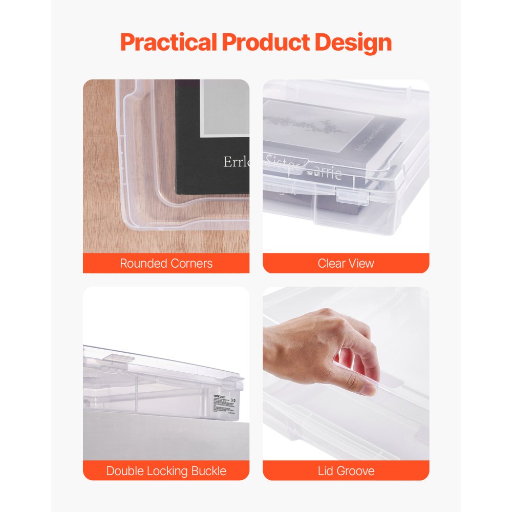 VEVOR Scrapbook Paper Storage, 6 Pack Stackable Plastic Board Game Boxes, Clear Multi-Purpose Document Case with Rounded Corners and Double Latches, for Office Essentials Tools Arts Crafts Supplies