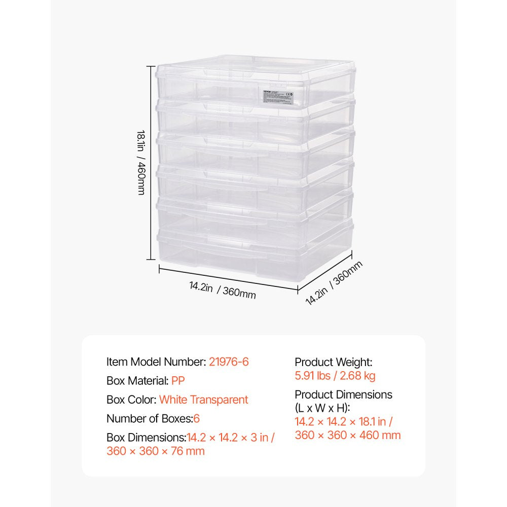 VEVOR Scrapbook Paper Storage, 6 Pack Stackable Plastic Board Game Boxes, Clear Multi-Purpose Document Case with Rounded Corners and Double Latches, for Office Essentials Tools Arts Crafts Supplies