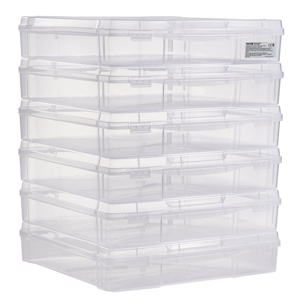 VEVOR Scrapbook Paper Storage, 6 Pack Stackable Plastic Board Game Boxes, Clear Multi-Purpose Document Case with Rounded Corners and Double Latches, for Office Essentials Tools Arts Crafts Supplies