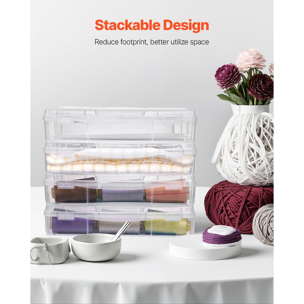 VEVOR Scrapbook Paper Storage, 4 Pack Stackable Plastic Board Game Boxes, Clear Multi-Purpose Document Case with Rounded Corners and Double Latches, for Office Essentials Tools Arts Crafts Supplies