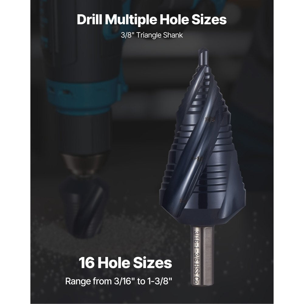 VEVOR Step Drill Bit, 3/16 to 1-3/8 inch, 3/8 inch Triangular Shank, TiAlN Coating Cobalt High Speed Steel, Four Spiral Flute Step Bit for Metal, Stainless Steel, Aluminum, Wood, Plastic, Fiberglass