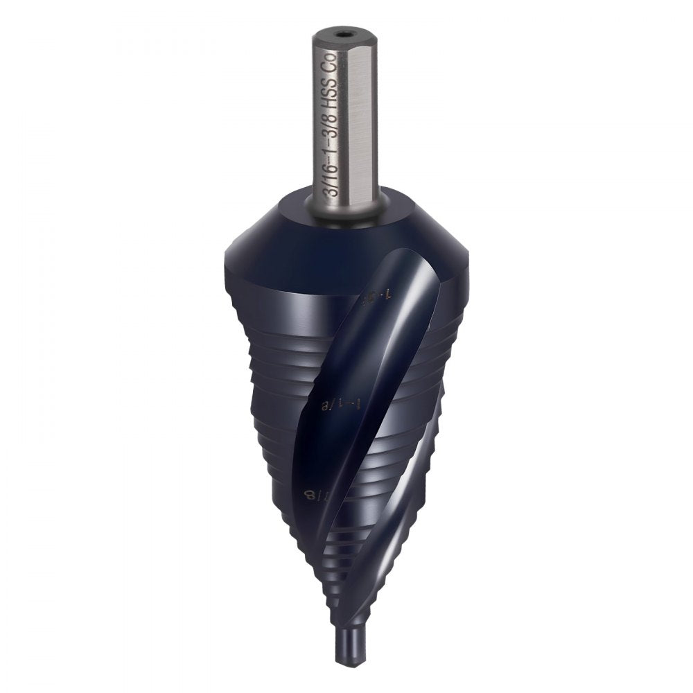 VEVOR Step Drill Bit, 3/16 to 1-3/8 inch, 3/8 inch Triangular Shank, TiAlN Coating Cobalt High Speed Steel, Four Spiral Flute Step Bit for Metal, Stainless Steel, Aluminum, Wood, Plastic, Fiberglass