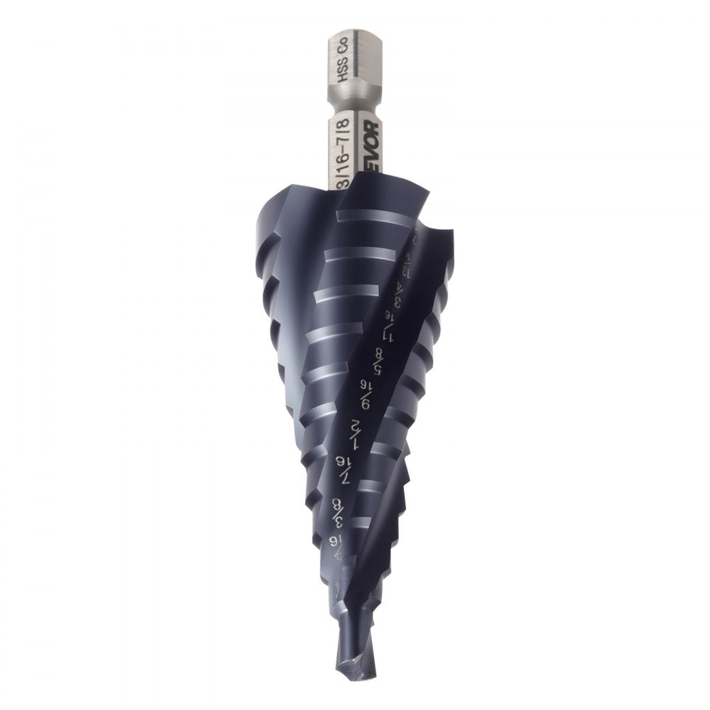 VEVOR Step Drill Bit, 3/16 to 7/8 inch, 1/4 inch Hex Shank, TiAlN Coating Cobalt HSS High Speed Steel, Four Spiral Flute Step Bit for Metal, Stainless Steel, Aluminum, Wood, Plastic, Fiberglass