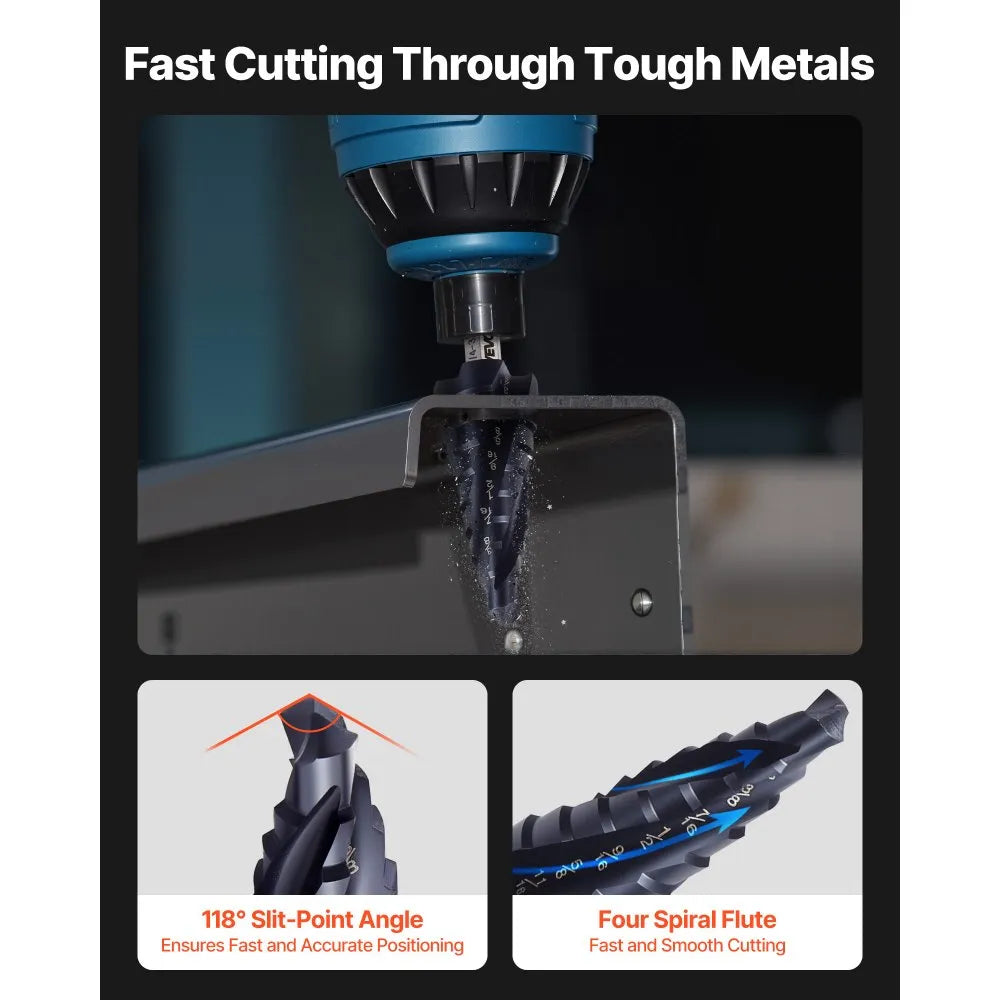 VEVOR Step Drill Bit Set, 1/8 - 7/8 inch, 3 Pieces Step Drill Bits, 1/4 inch Hex Shank, TiAlN Coating Cobalt HSS High Speed Steel, for Metal, Stainless Steel, Aluminum, Wood, Plastic, Fiberglass