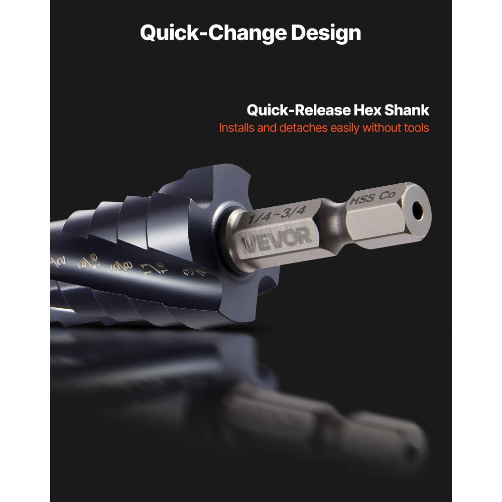VEVOR Step Drill Bit Set, 1/8 - 7/8 inch, 3 Pieces Step Drill Bits, 1/4 inch Hex Shank, TiAlN Coating Cobalt HSS High Speed Steel, for Metal, Stainless Steel, Aluminum, Wood, Plastic, Fiberglass