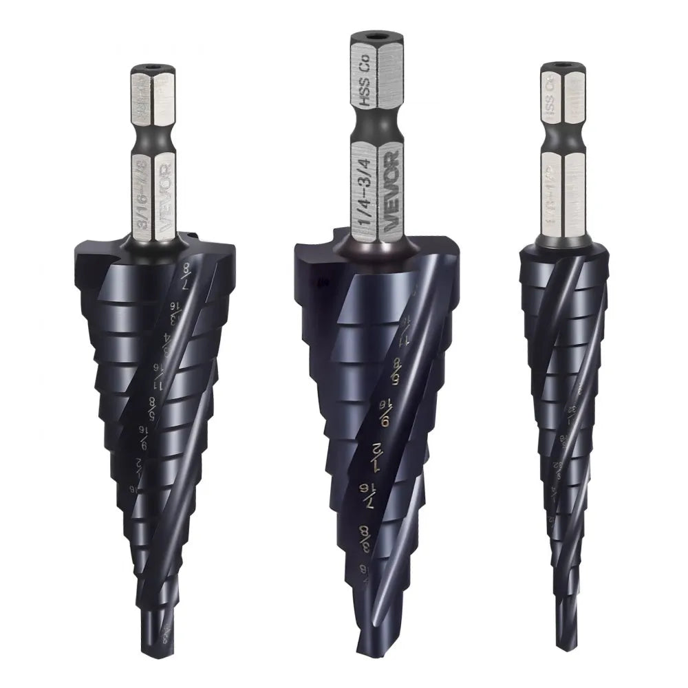 VEVOR Step Drill Bit Set, 1/8 - 7/8 inch, 3 Pieces Step Drill Bits, 1/4 inch Hex Shank, TiAlN Coating Cobalt HSS High Speed Steel, for Metal, Stainless Steel, Aluminum, Wood, Plastic, Fiberglass