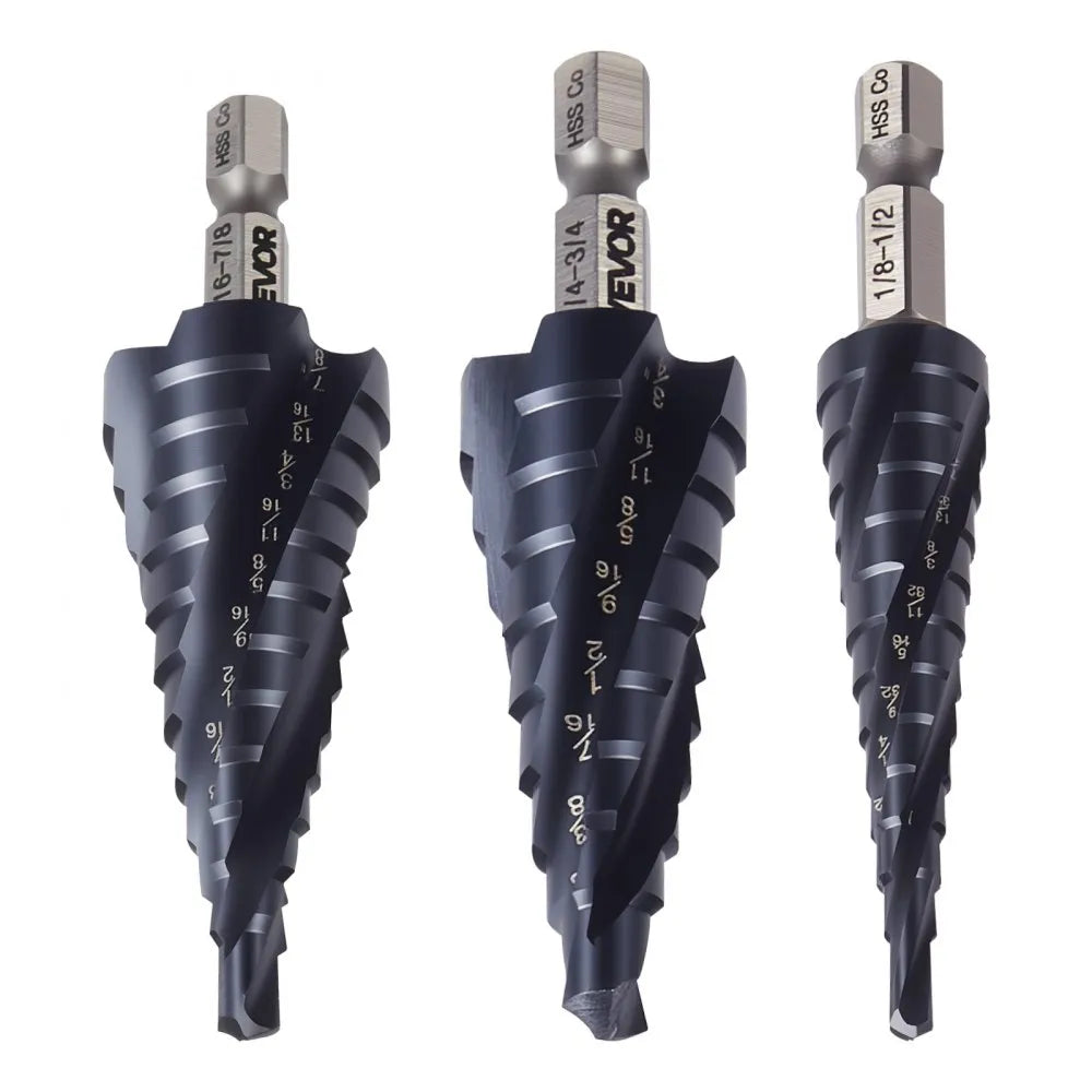 VEVOR Step Drill Bit Set, 1/8 - 7/8 inch, 3 Pieces Step Drill Bits, 1/4 inch Hex Shank, TiAlN Coating Cobalt HSS High Speed Steel, for Metal, Stainless Steel, Aluminum, Wood, Plastic, Fiberglass