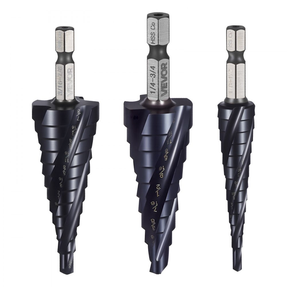 VEVOR Step Drill Bit Set, 1/8 - 7/8 inch, 3 Pieces Step Drill Bits, 1/4 inch Hex Shank, TiAlN Coating Cobalt HSS High Speed Steel, for Metal, Stainless Steel, Aluminum, Wood, Plastic, Fiberglass