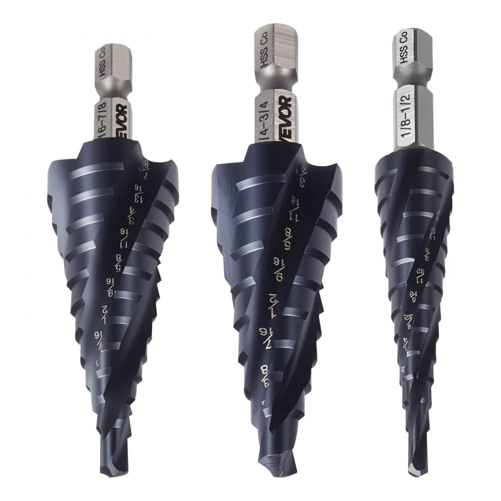 VEVOR Step Drill Bit Set, 1/8 - 7/8 inch, 3 Pieces Step Drill Bits, 1/4 inch Hex Shank, TiAlN Coating Cobalt HSS High Speed Steel, for Metal, Stainless Steel, Aluminum, Wood, Plastic, Fiberglass