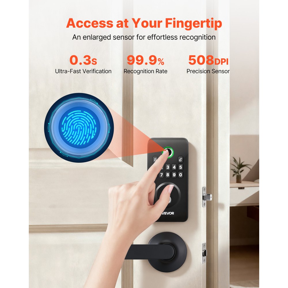 VEVOR Fingerprint Door Lock Set, Electronic Biometric Deadbolt Keyless Entry Door Lock with Handle, Pioneering Easy-Grip Design, Auto Locking, One-Time Code, Anti-Peeking Password, Matte Black