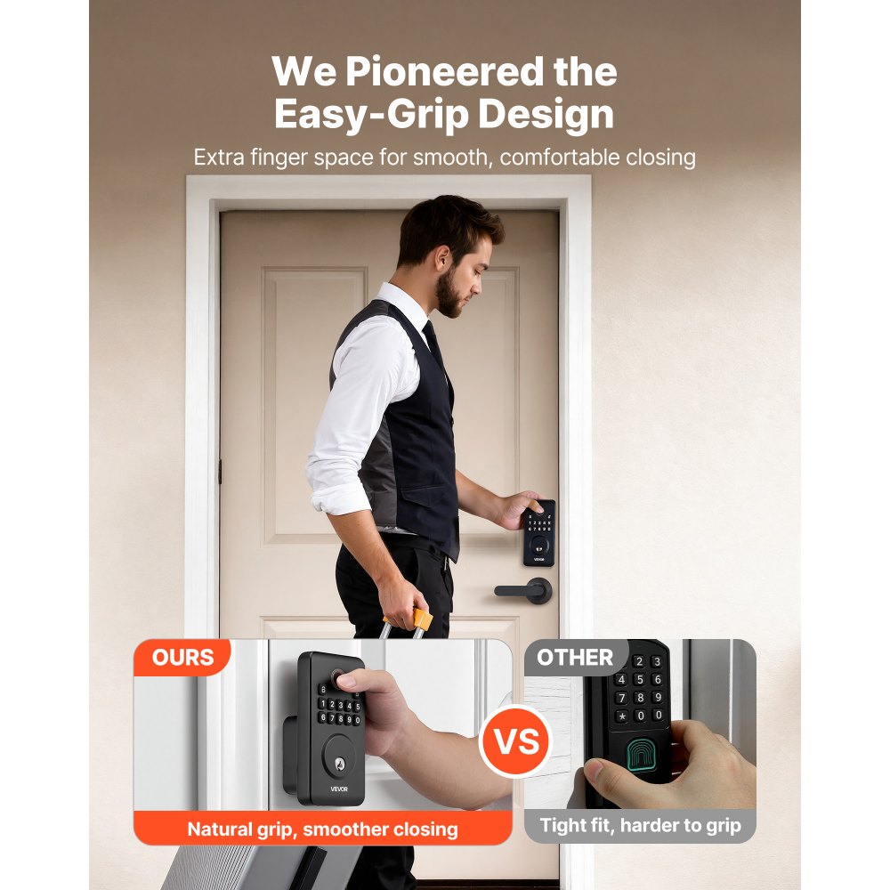 VEVOR Fingerprint Door Lock Set, Electronic Biometric Deadbolt Keyless Entry Door Lock with Handle, Pioneering Easy-Grip Design, Auto Locking, One-Time Code, Anti-Peeking Password, Matte Black