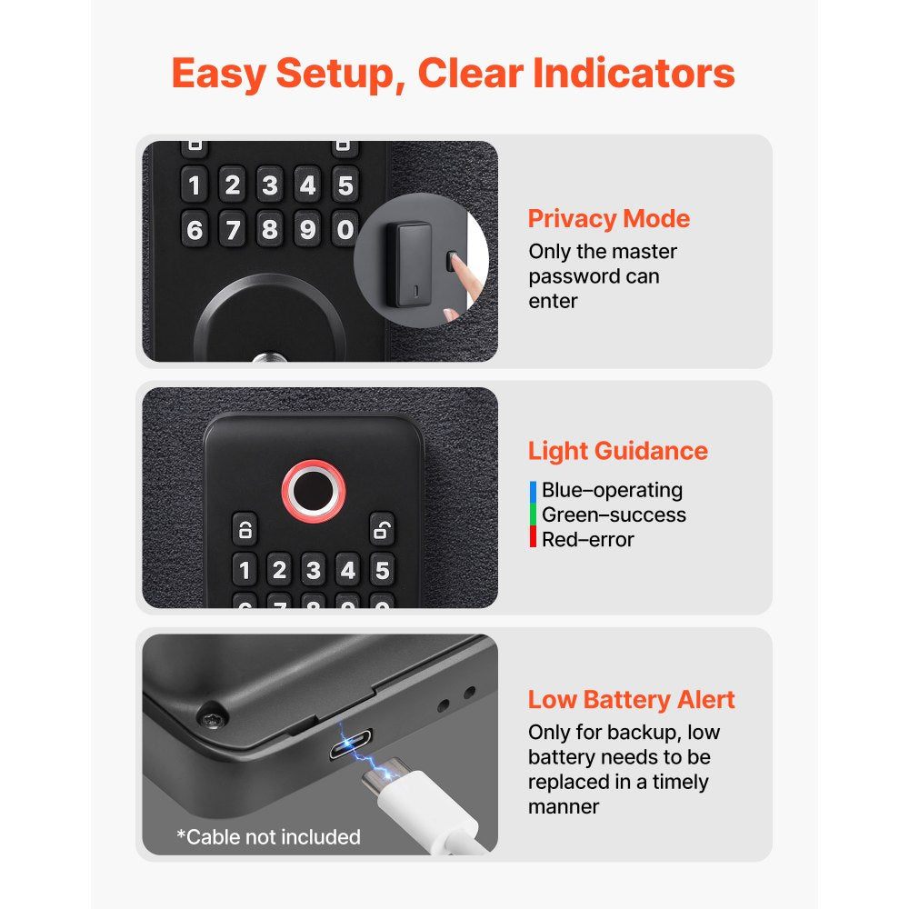 VEVOR Fingerprint Door Lock Set, Electronic Biometric Deadbolt Keyless Entry Door Lock with Handle, Pioneering Easy-Grip Design, Auto Locking, One-Time Code, Anti-Peeking Password, Matte Black