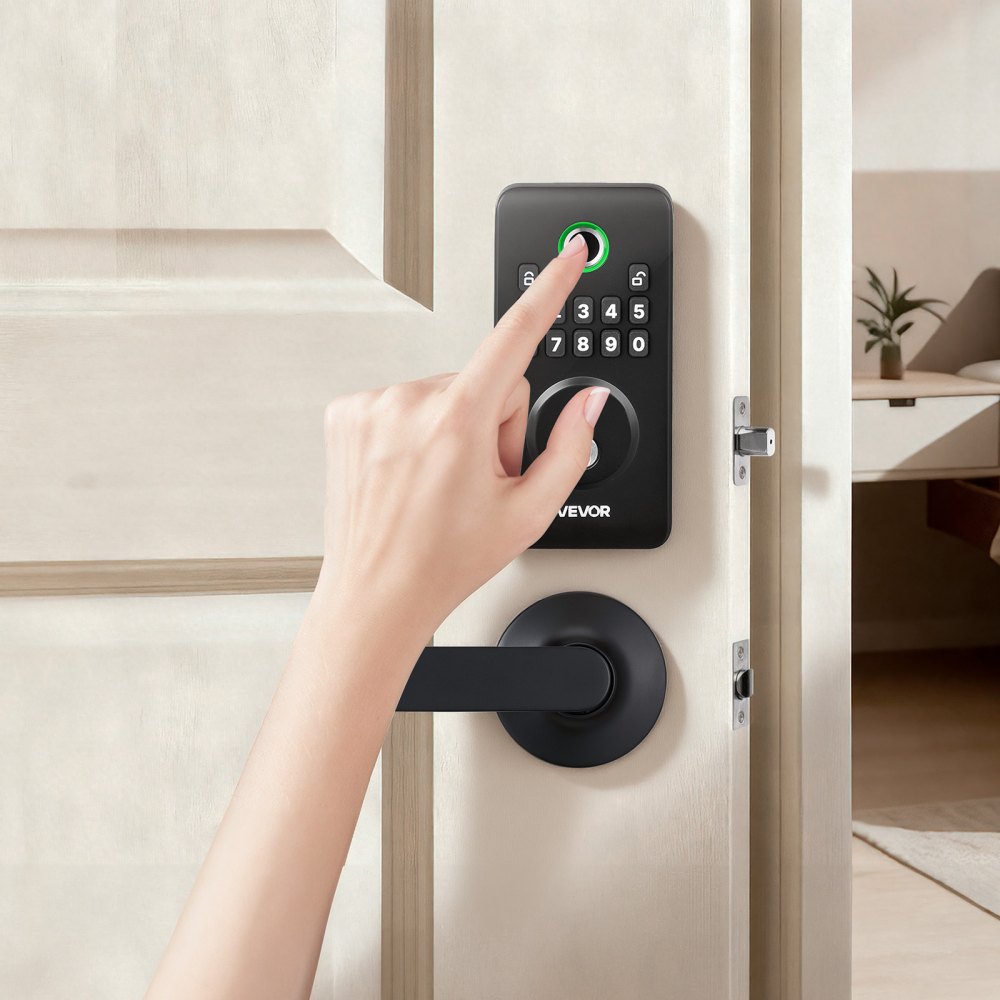 VEVOR Fingerprint Door Lock Set, Electronic Biometric Deadbolt Keyless Entry Door Lock with Handle, Pioneering Easy-Grip Design, Auto Locking, One-Time Code, Anti-Peeking Password, Matte Black