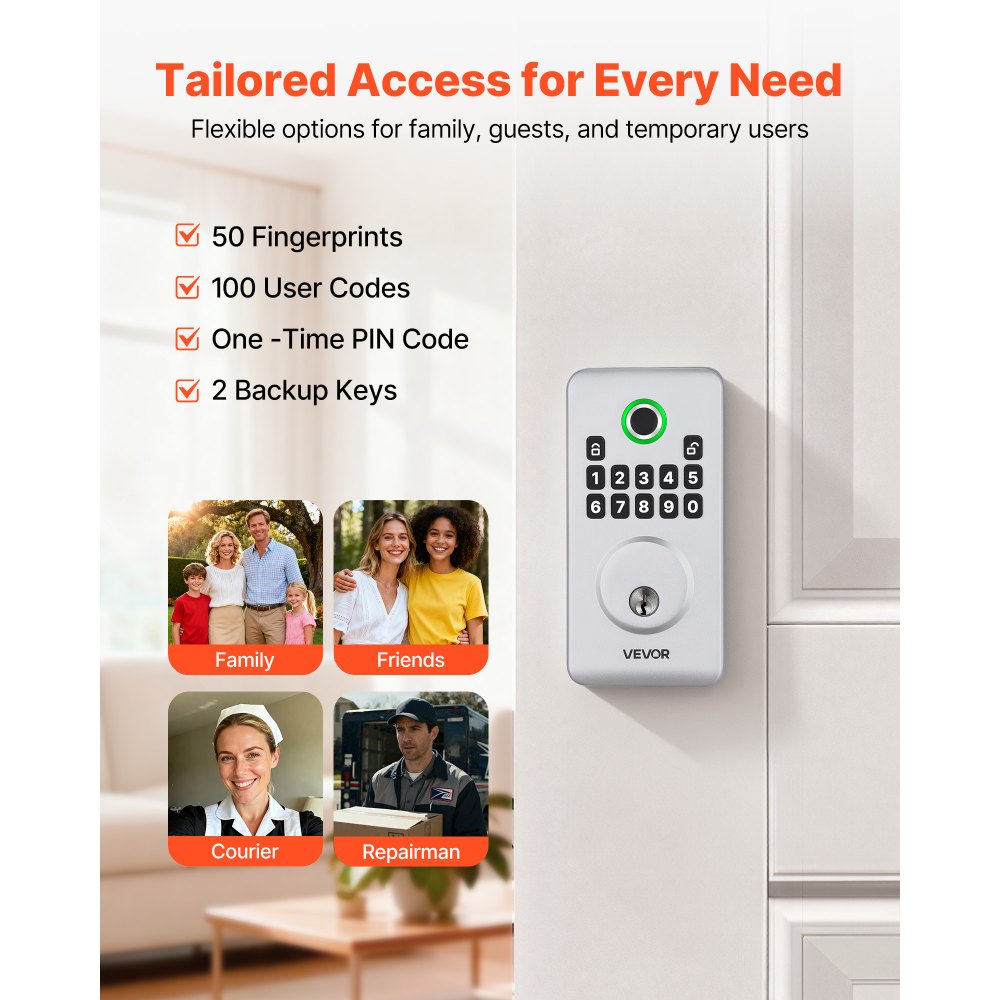 VEVOR Fingerprint Door Lock, Electronic Biometric Deadbolt with Pioneering Easy-Grip Design, Auto Locking, One-Time Code, Anti-Peeking Password, Keyless Entry Door Lock for Home, Apartment, Silver