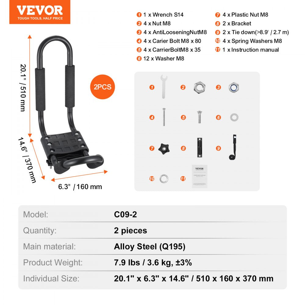 VEVOR Kayak Roof Rack, 1 Pair J-Bar, Soft Roof Rack, Top Mount Tie Down, Carrier for kayak, Surf Board, Canoe, SUP, Ski Board, Mount on Car, SUV, Truck, 1 Kayak