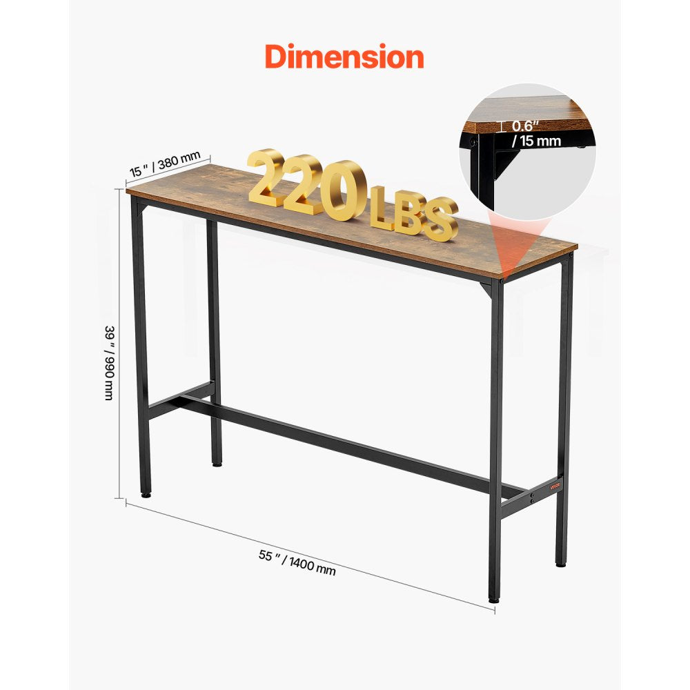 VEVOR Bar Table, Sturdy Metal Frame High Top Pub Table, Narrow Long Kitchen Dining, Cocktail Counter Bar Height Desk, Easy to Assemble, 55x15x39 in, for Living Room Party, Rustic Brown and Black