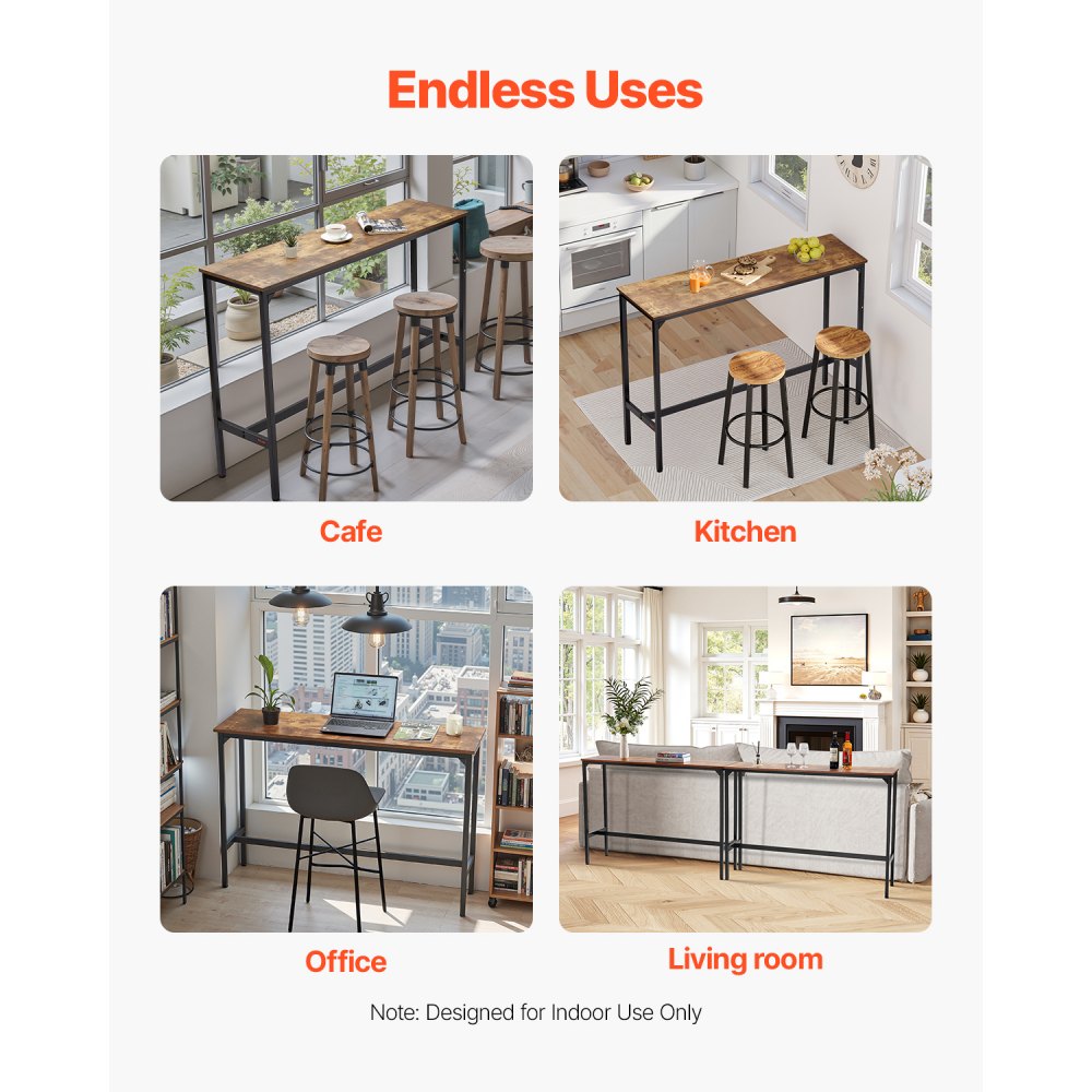 VEVOR Bar Table, Sturdy Metal Frame High Top Pub Table, Narrow Long Kitchen Dining, Cocktail Counter Bar Height Desk, Easy to Assemble, 55x15x39 in, for Living Room Party, Rustic Brown and Black