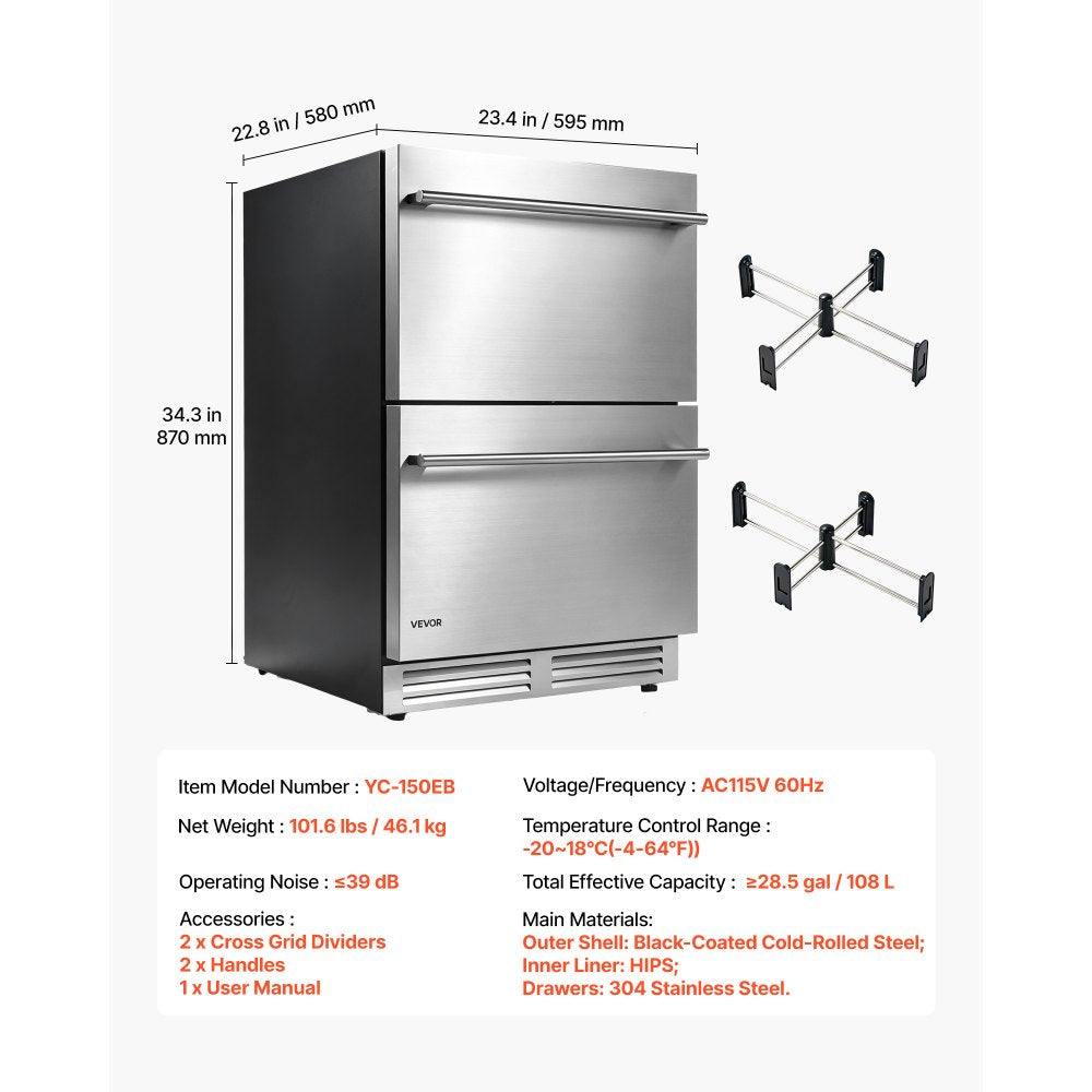 VEVOR 24" Convertible Drawer Fridge/Freezer, Undercounter Beverage Cooler, -4℉ to 64℉ Temp Range, Convertible Refrigerator/Freezer Mode, 304 Stainless Steel Drawer, Ideal for Kitchen, Bar & Garage