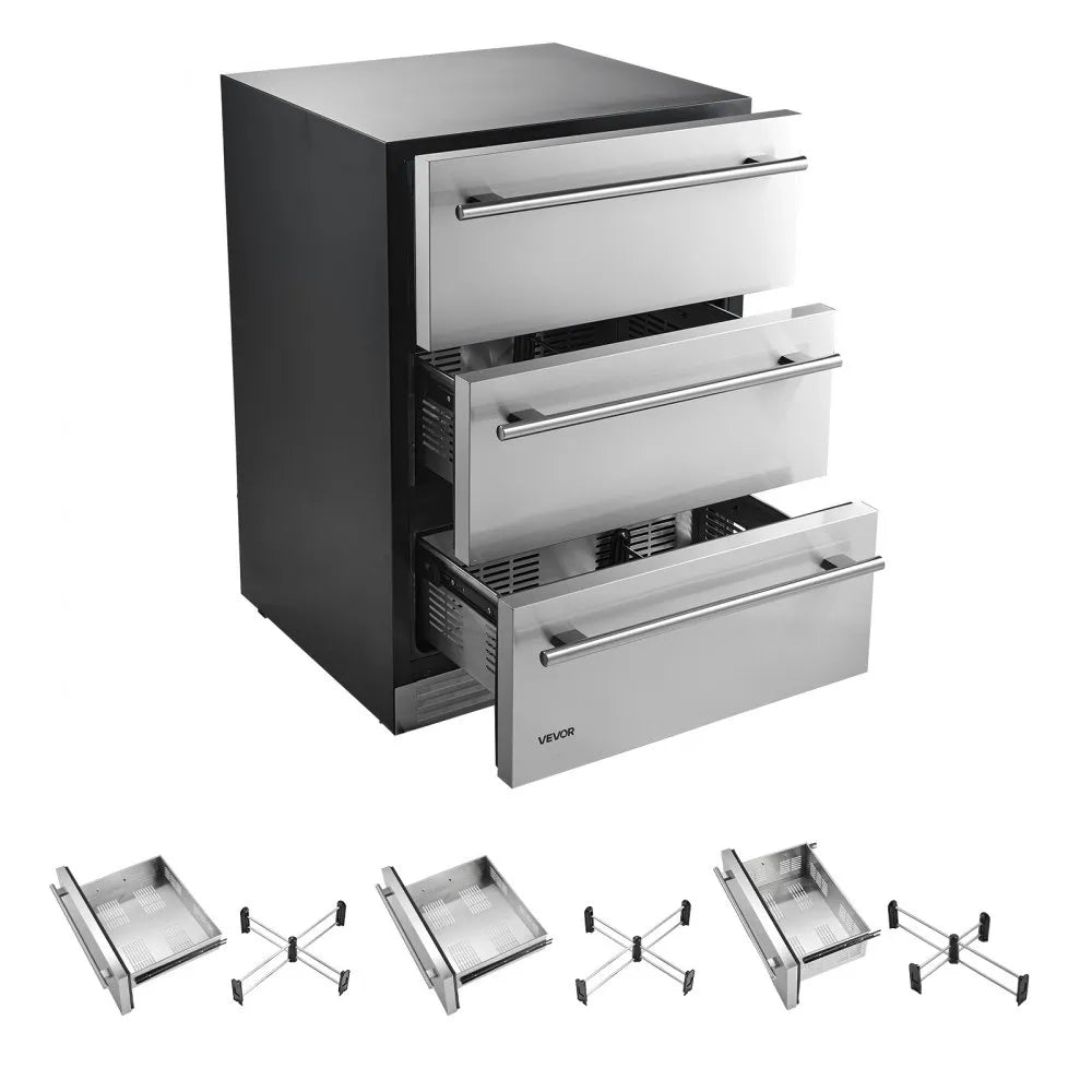 VEVOR 3-Drawer Refrigerator, 24 in Undercounter Beverage Cooler, Large Capacity Drink Fridge, 3 Separate Storage Zones, 304 Stainless Steel Drawers, Fast Cooling, for Kitchen, Game Room & Home Bar