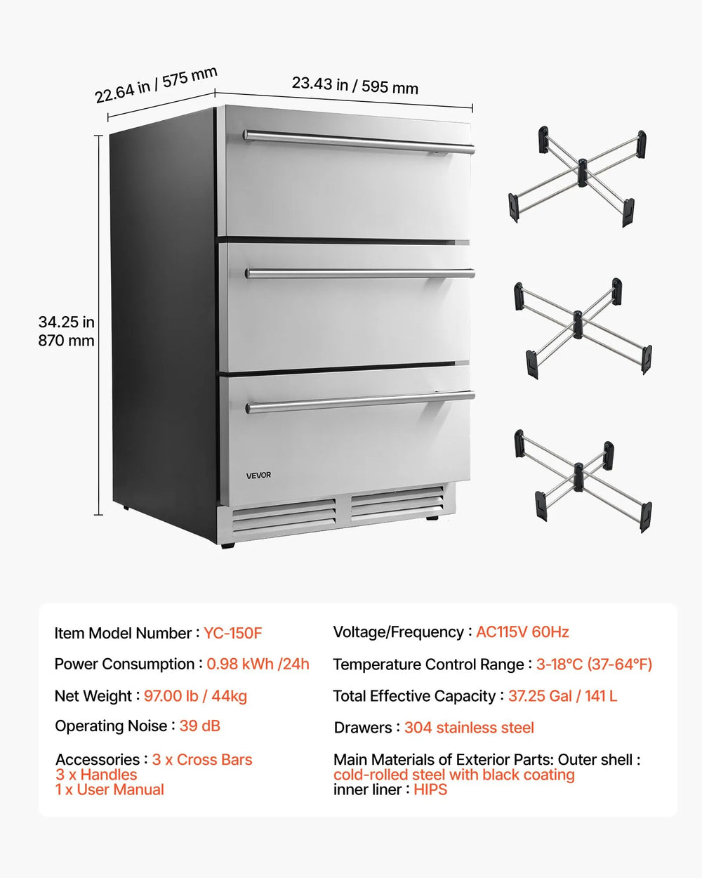 VEVOR 3-Drawer Refrigerator, 24 in Undercounter Beverage Cooler, Large Capacity Drink Fridge, 3 Separate Storage Zones, 304 Stainless Steel Drawers, Fast Cooling, for Kitchen, Game Room & Home Bar