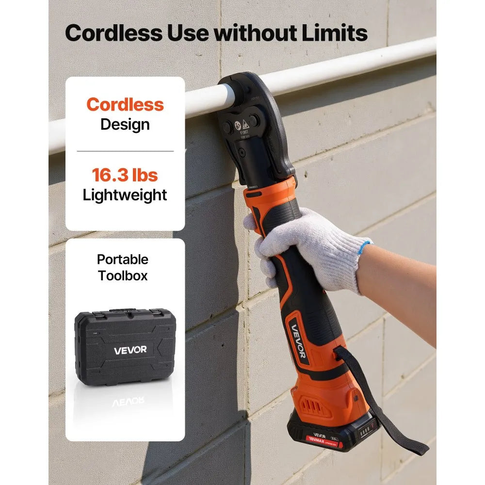 VEVOR Cordless Mini Press Tool, 18V Electric Pipe Crimping Tool for 1/2", 3/4", 1" PEX Pipe Copper Rings, 24KN PEX Press Tool with 2pcs Battery, Fast Charger & Carrying Case - Meet ASTM F1807 Standard