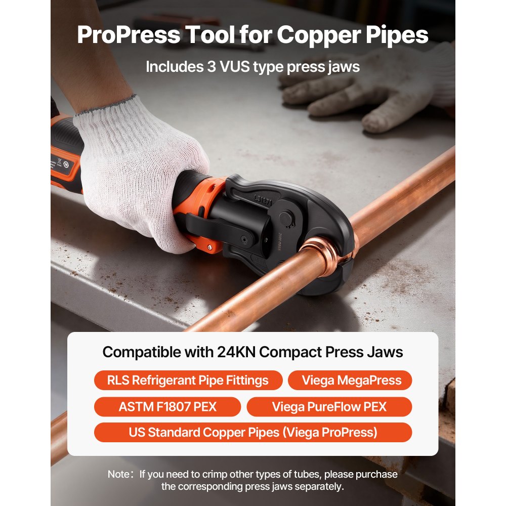 VEVOR Press Tool Kit, 18V Electric Pipe Crimping Tool for 1/2", 3/4", 1" Copper Tubes, 24KN Press Tool Compatible with ProPress - with 3 VUS Jaws, 2pcs 2AH Batteries, Fast Charger & Carrying Case