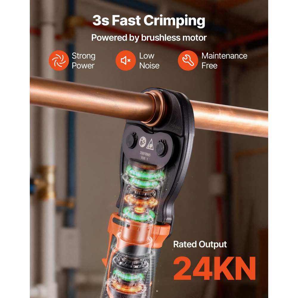 VEVOR Press Tool Kit, 18V Electric Pipe Crimping Tool for 1/2", 3/4", 1" Copper Tubes, 24KN Press Tool Compatible with ProPress - with 3 VUS Jaws, 2pcs 2AH Batteries, Fast Charger & Carrying Case