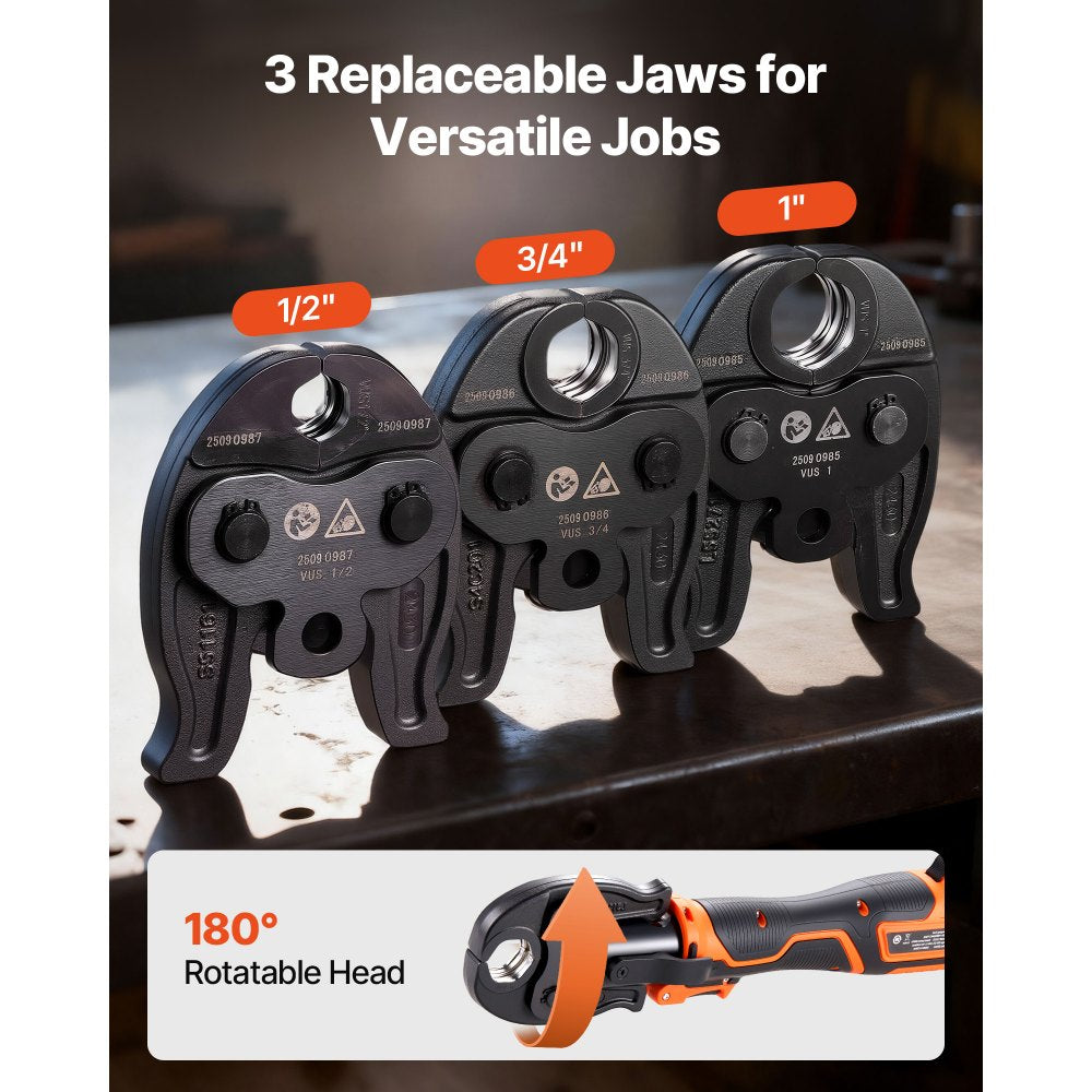 VEVOR Press Tool Kit, 18V Electric Pipe Crimping Tool for 1/2", 3/4", 1" Copper Tubes, 24KN Press Tool Compatible with ProPress - with 3 VUS Jaws, 2pcs 2AH Batteries, Fast Charger & Carrying Case