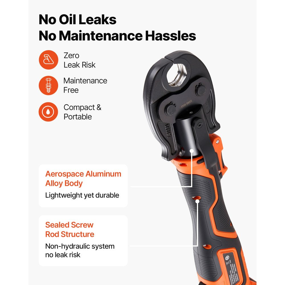 VEVOR Press Tool Kit, 18V Electric Pipe Crimping Tool for 1/2", 3/4", 1" Copper Tubes, 24KN Press Tool Compatible with ProPress - with 3 VUS Jaws, 2pcs 2AH Batteries, Fast Charger & Carrying Case