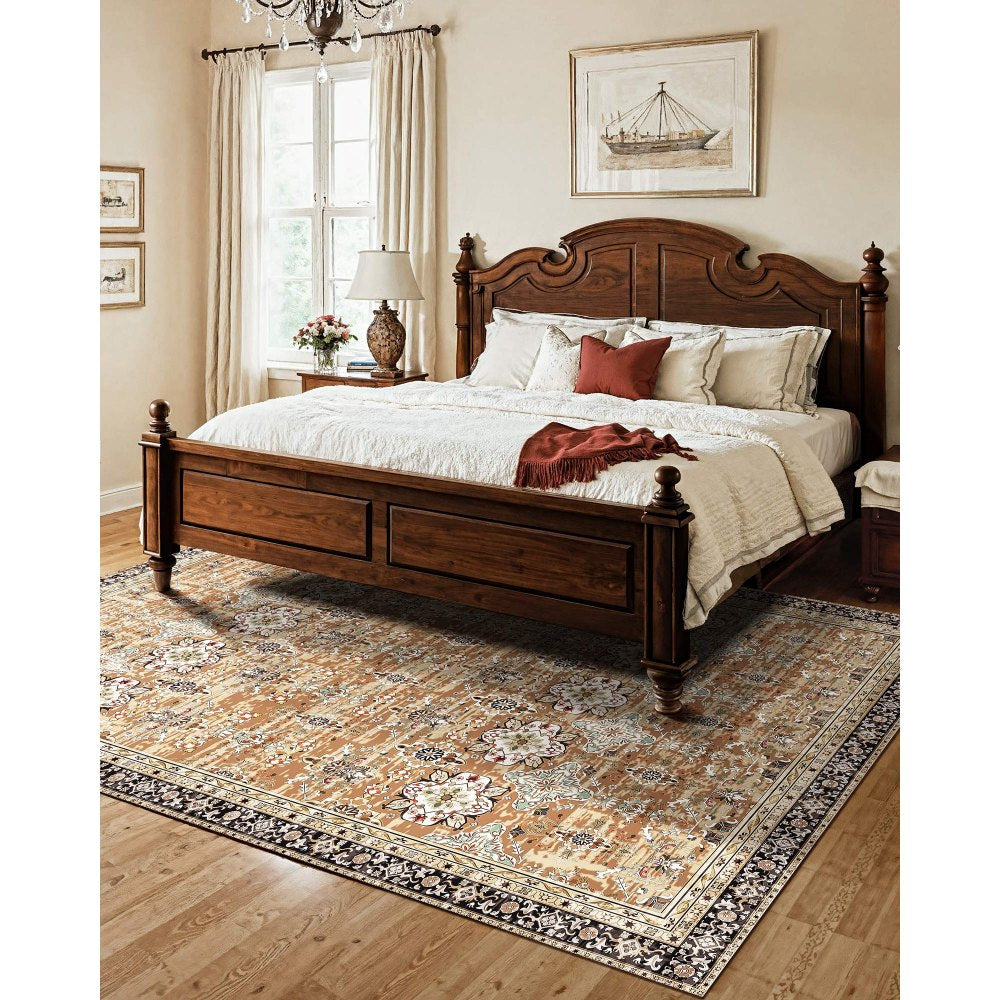 VEVOR Area Rug, 7.5 x 9.5 ft Large Washable Rug, Non-Slip and Tear-Resistant Soft Carpet, Pet & Child Friendly Vintage Area Rugs, Indoor Mat for Bedroom, Living Room, Office, Entryway, Brown Green