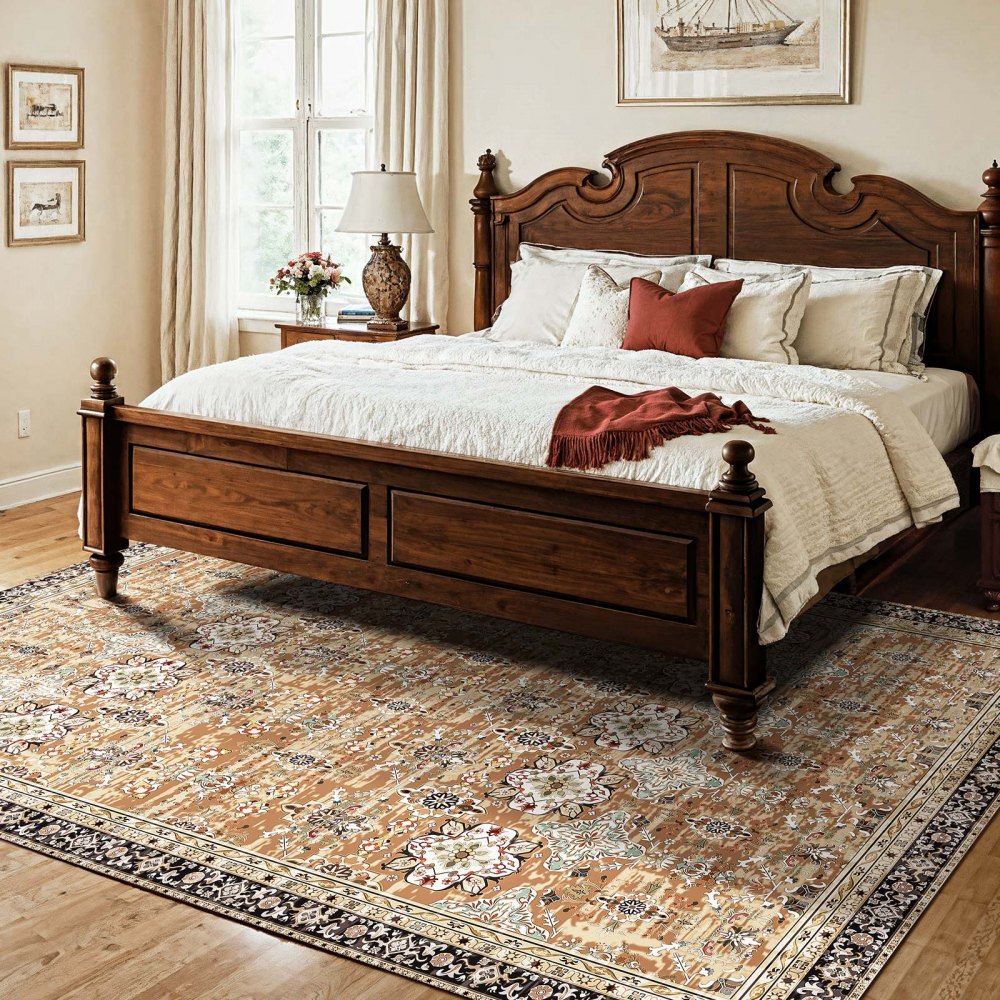 VEVOR Area Rug, 7.5 x 9.5 ft Large Washable Rug, Non-Slip and Tear-Resistant Soft Carpet, Pet & Child Friendly Vintage Area Rugs, Indoor Mat for Bedroom, Living Room, Office, Entryway, Brown Green
