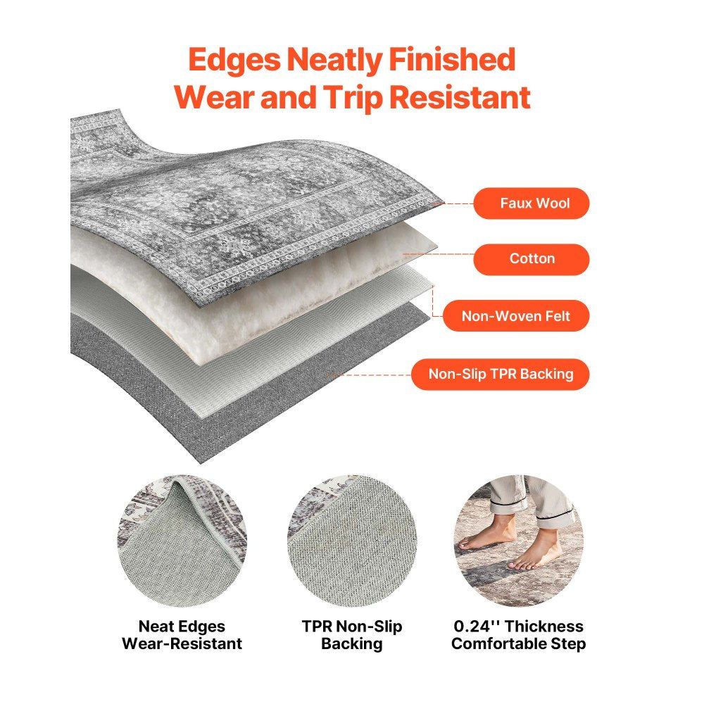 VEVOR Area Rug, 8 x 10 ft Large Washable Rug, Non-Slip and Tear-Resistant Soft Carpet, Pet & Child Friendly Vintage Area Rugs, Indoor Mat for Bedroom, Living Room, Kids Room, Entryway, Office, Gray