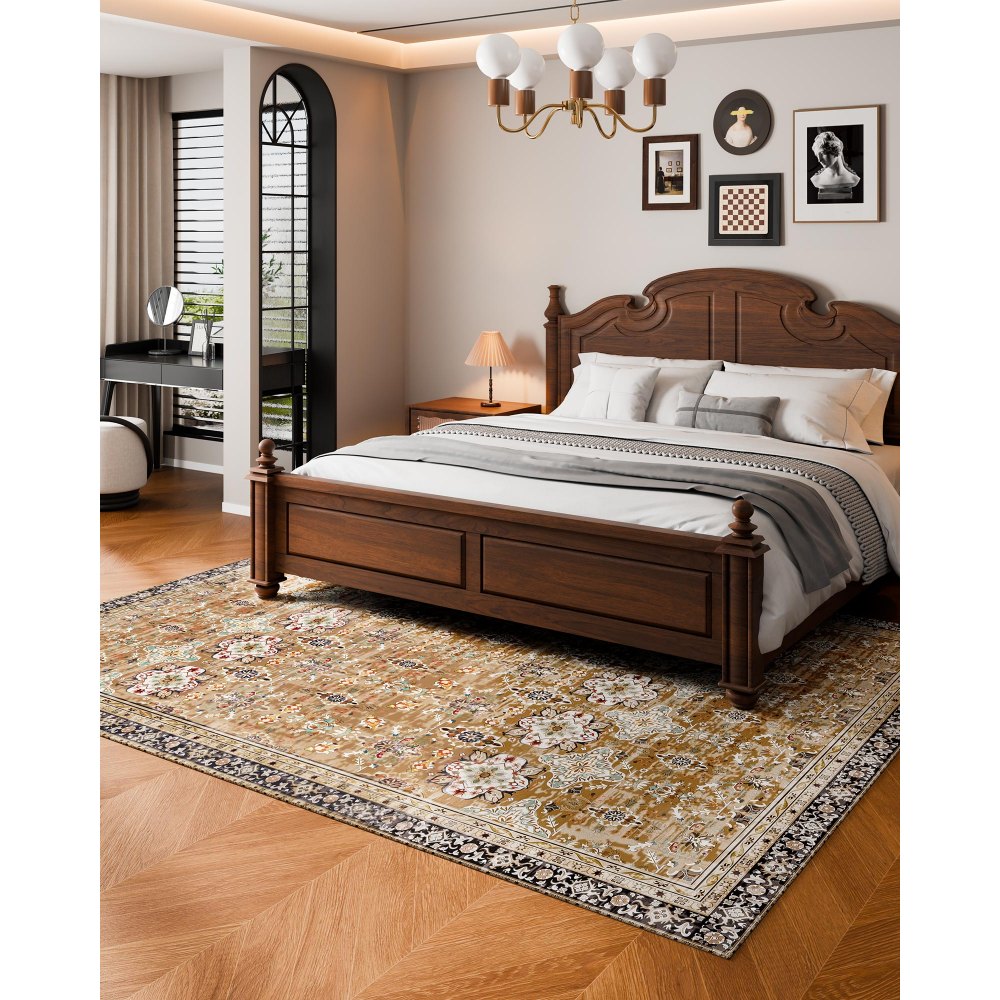 VEVOR Area Rug, 8 x 10 ft Large Washable Rug, Non-Slip and Tear-Resistant Soft Carpet, Pet & Child Friendly Vintage Area Rugs, Indoor Mat for Bedroom, Living Room, Kids Room, Office, Brown Green