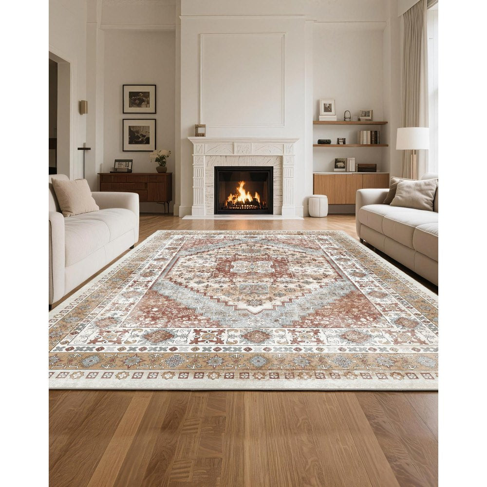 VEVOR Area Rug, 8 x 10 ft Large Washable Rug, Non-Slip and Tear-Resistant Soft Carpet, Pet & Child Friendly Vintage Area Rugs, Indoor Mat for Bedroom, Living Room, Kids Room, Office, Brown Red