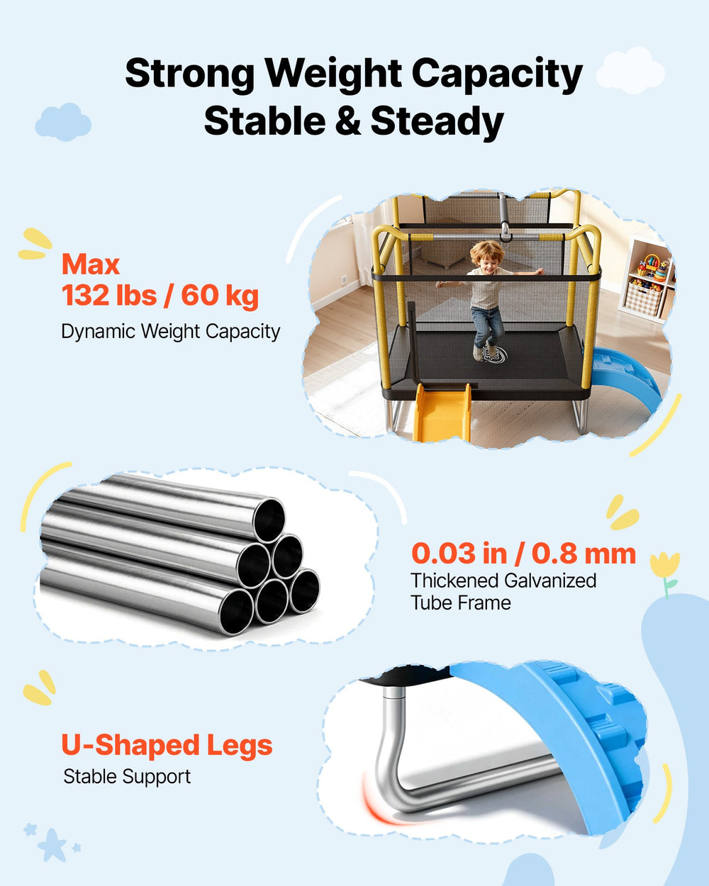 VEVOR Trampoline for Kids, Toddler Mini Trampoline, 132 lbs Capacity Indoor Outdoor Play Toys with Enclosure Net, Slide, and Ring, Easy to Assemble, Christmas Toys Birthday Gifts for Girls Boys
