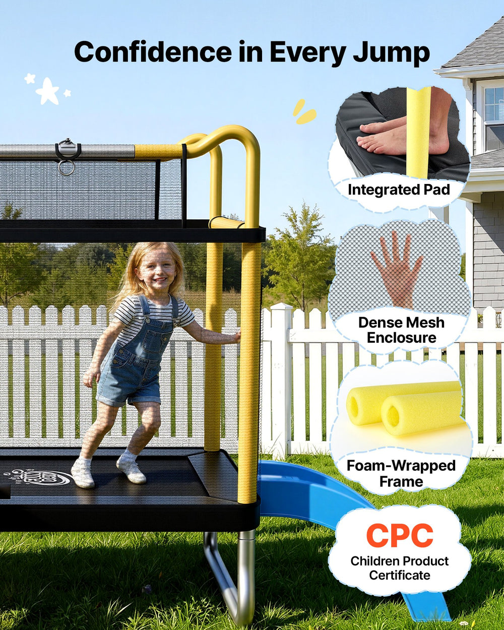 VEVOR Trampoline for Kids, Toddler Mini Trampoline, 132 lbs Capacity Indoor Outdoor Play Toys with Enclosure Net, Slide, and Ring, Easy to Assemble, Christmas Toys Birthday Gifts for Girls Boys
