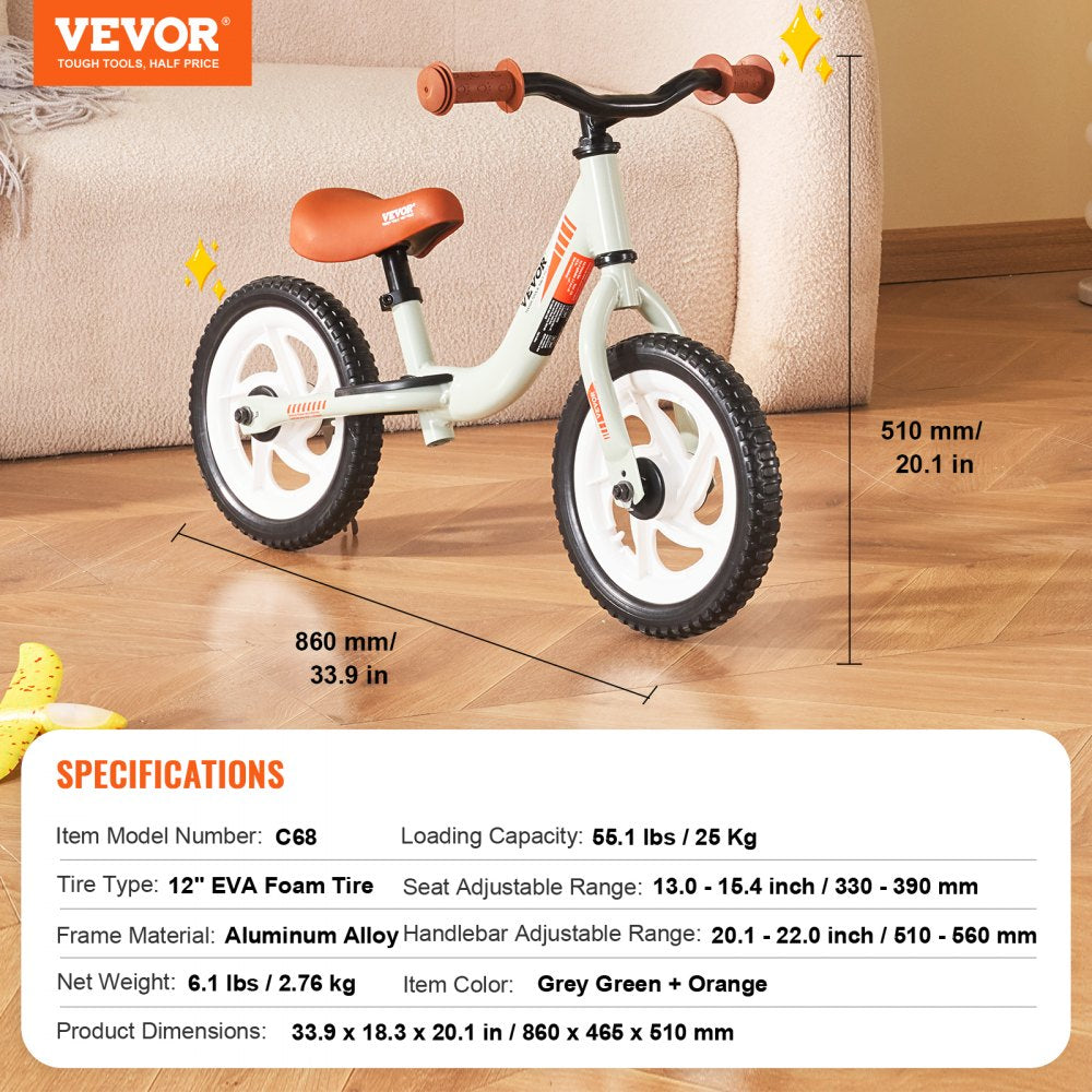 VEVOR Toddler Balance Bike, 12" Lightweight Aluminum Alloy Kids Bike with Adjustable Seat & Handlebar, EVA Foam Tires, No Pedal Kids Balance Bicycle Gift for 1-5 Years Boys Girls, 55LBS Support