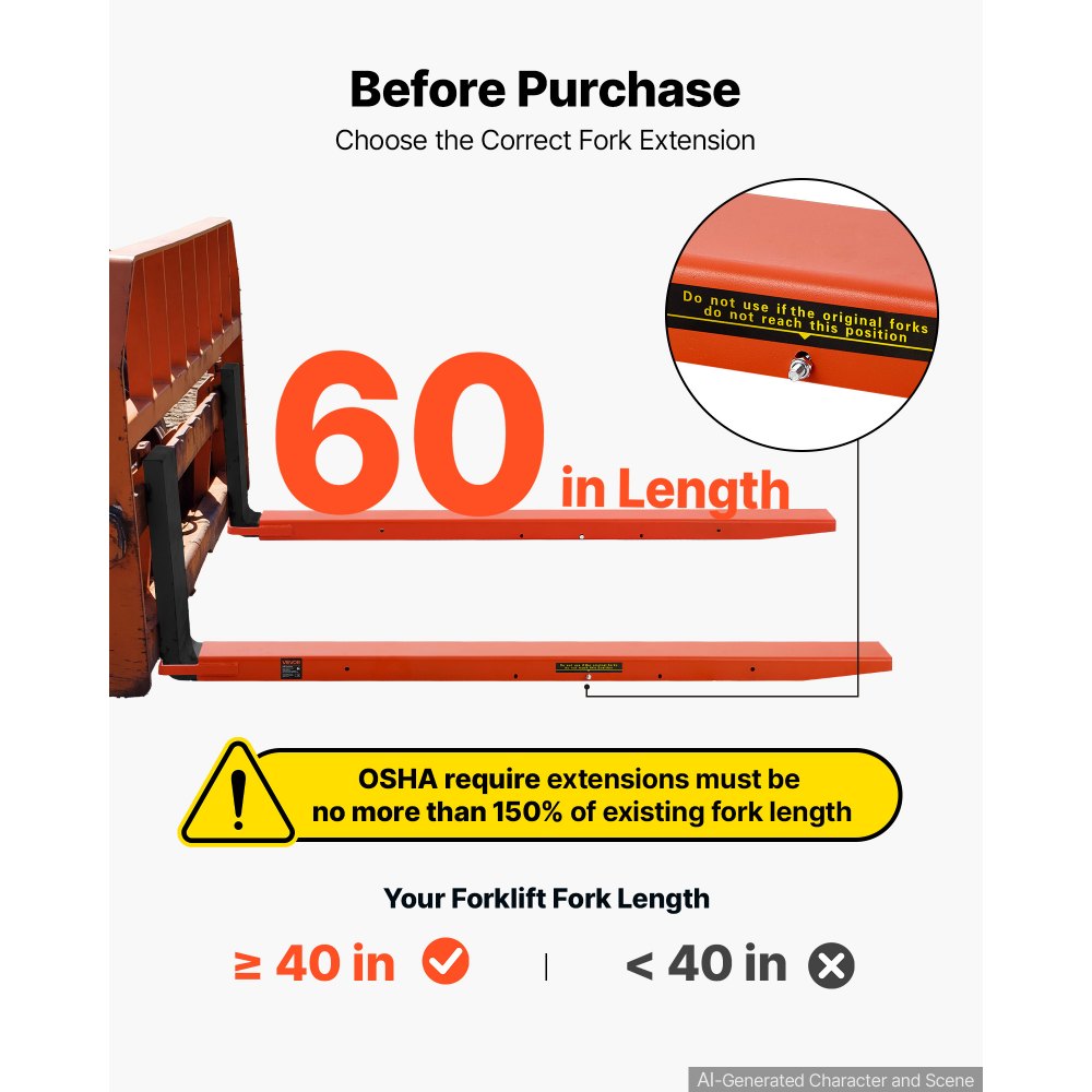 VEVOR Forklift Extensions 60 x 4.5 in, Upgrade Retaining Loop & Bottom Lock, for Forklifts and Forklift Trucks, Heavy-Duty Industrial Pallet Fork Attachments, Extended Load Handling, Orange, 1 Pair