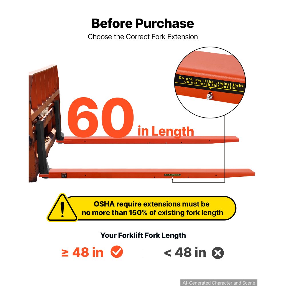 VEVOR Forklift Extensions 72 x 4.5 in, Upgrade Retaining Loop & Bottom Lock, for Forklifts and Forklift Trucks, Heavy-Duty Industrial Pallet Fork Attachments, Extended Load Handling, Orange, 1 Pair