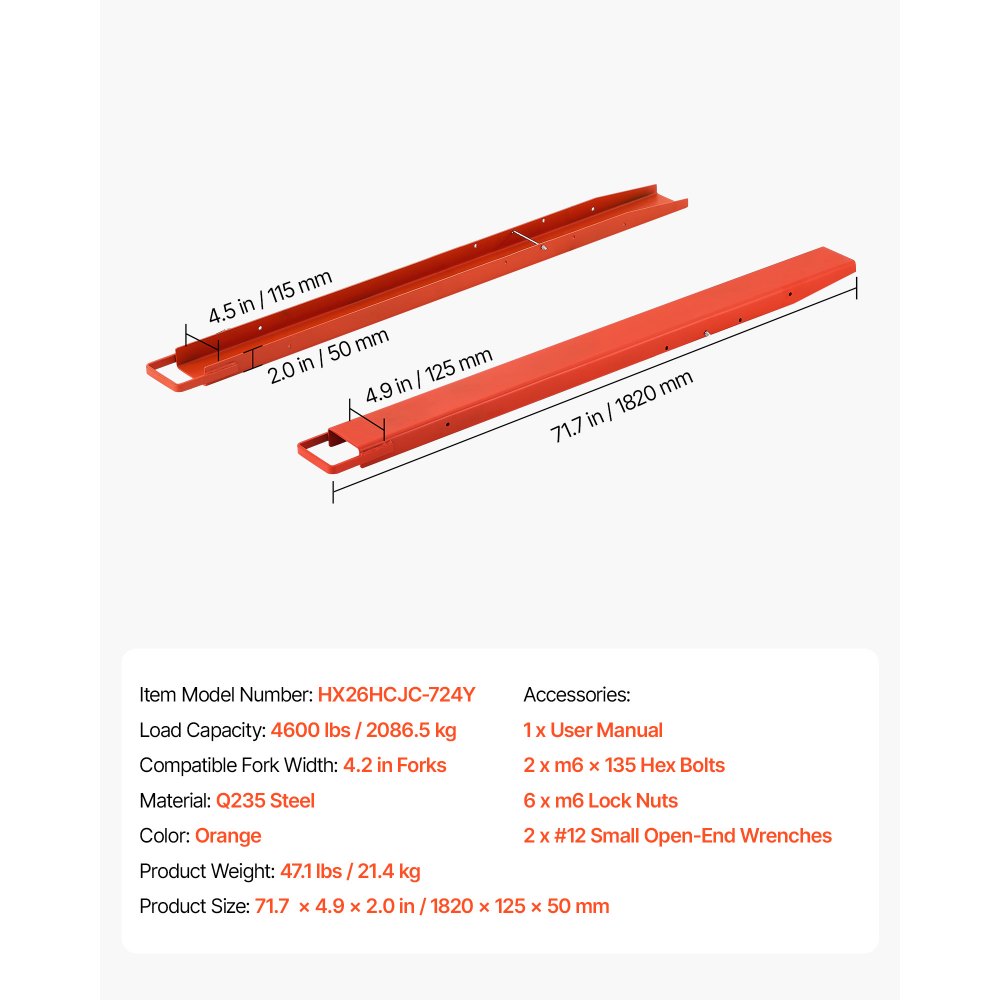 VEVOR Forklift Extensions 72 x 4.5 in, Upgrade Retaining Loop & Bottom Lock, for Forklifts and Forklift Trucks, Heavy-Duty Industrial Pallet Fork Attachments, Extended Load Handling, Orange, 1 Pair