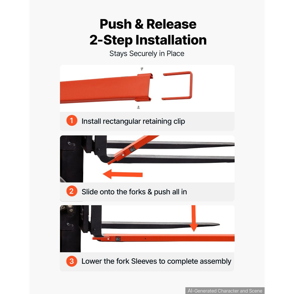 VEVOR Forklift Extensions 96 x 4.5 in, Upgrade Retaining Loop & Bottom Lock, for Forklifts and Forklift Trucks, Heavy-Duty Industrial Pallet Fork Attachments, Extended Load Handling, Orange, 1 Pair