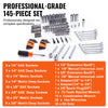 VEVOR Mechanics Tool Set and Socket Set, 1/4" and 3/8" Drive Deep and Standard Sockets, 145 Pcs SAE and Metric Mechanic Tool Kit with Bits, Combination Wrench, Hex Wrenches, Accessories, Storage Case