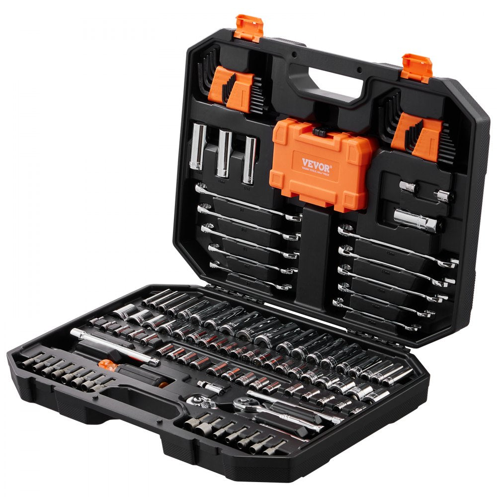 VEVOR Mechanics Tool Set and Socket Set, 1/4" and 3/8" Drive Deep and Standard Sockets, 145 Pcs SAE and Metric Mechanic Tool Kit with Bits, Combination Wrench, Hex Wrenches, Accessories, Storage Case