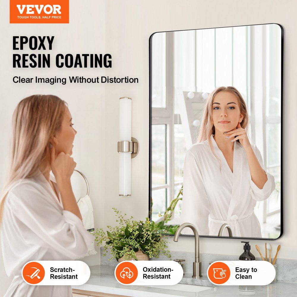 VEVOR Wall Mounted Makeup Mirror, 0.15" Thick, 22" x 30" Mirror with Aluminium Alloy Frame & Explosion-Proof Film, Scratch-Resistant Mirror with Z-Shaped Bracket, Fit for Bathroom/Bedroom/Living Room